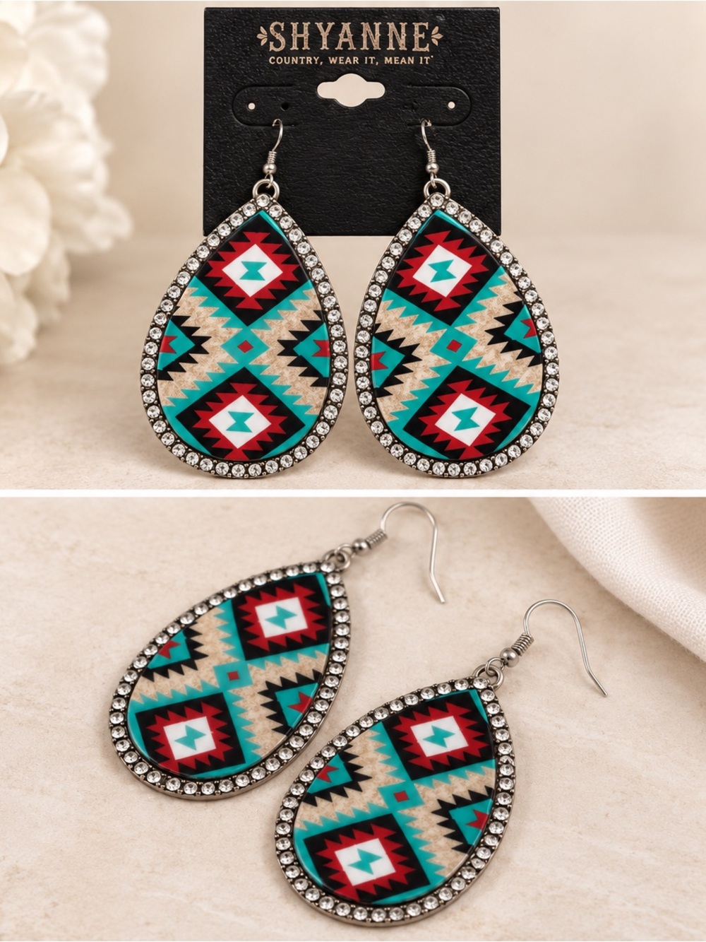 Shyanne Western Aztec Rhinestone Teardrop Dangle Earrings Turquoise Boho NWT